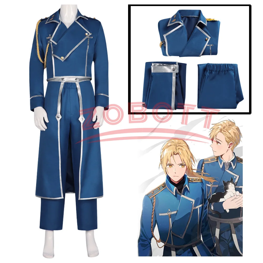 Fullmetal Alchemist Roy Mustang Cosplay Costume Blue Uniform Suits Coat Pants Gloves Halloween Carnival Party Outfit Men 3PCS