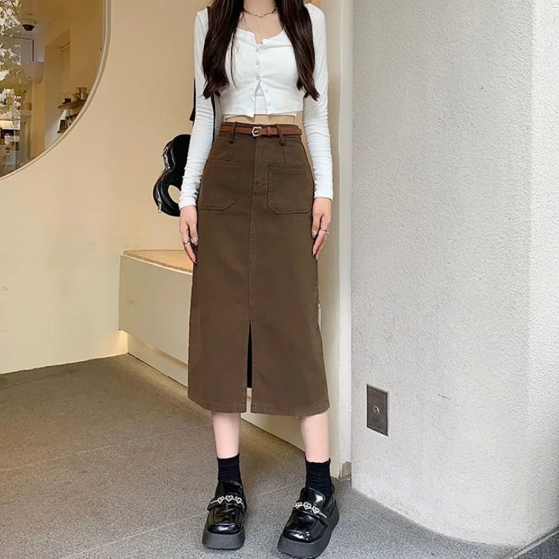 Korean Slim Fit Cargo Long Skirt Women Fashion with Belt High Waist Split Straight Skirt Woman All-Match Pockets Midi Faldas New