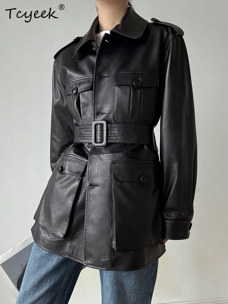 Tcyeek Genuine Leather Jacket Women Autumn Clothes Real Sheepskin Coats Woman Belt Mid-length Trench Coat Semi Vegetable Tanning
