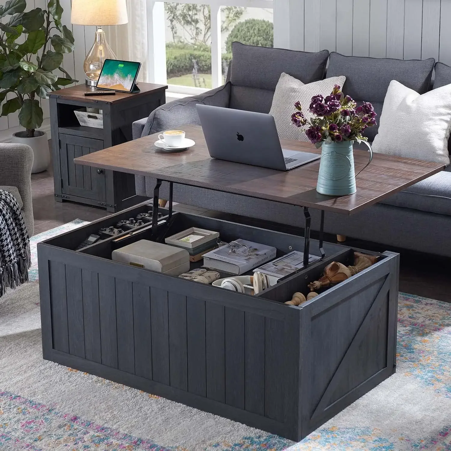 Lift Top Coffee Table with Double Storage Spaces, Farmhouse Rustic Wood Center Table with Sliding Groove Barn Door