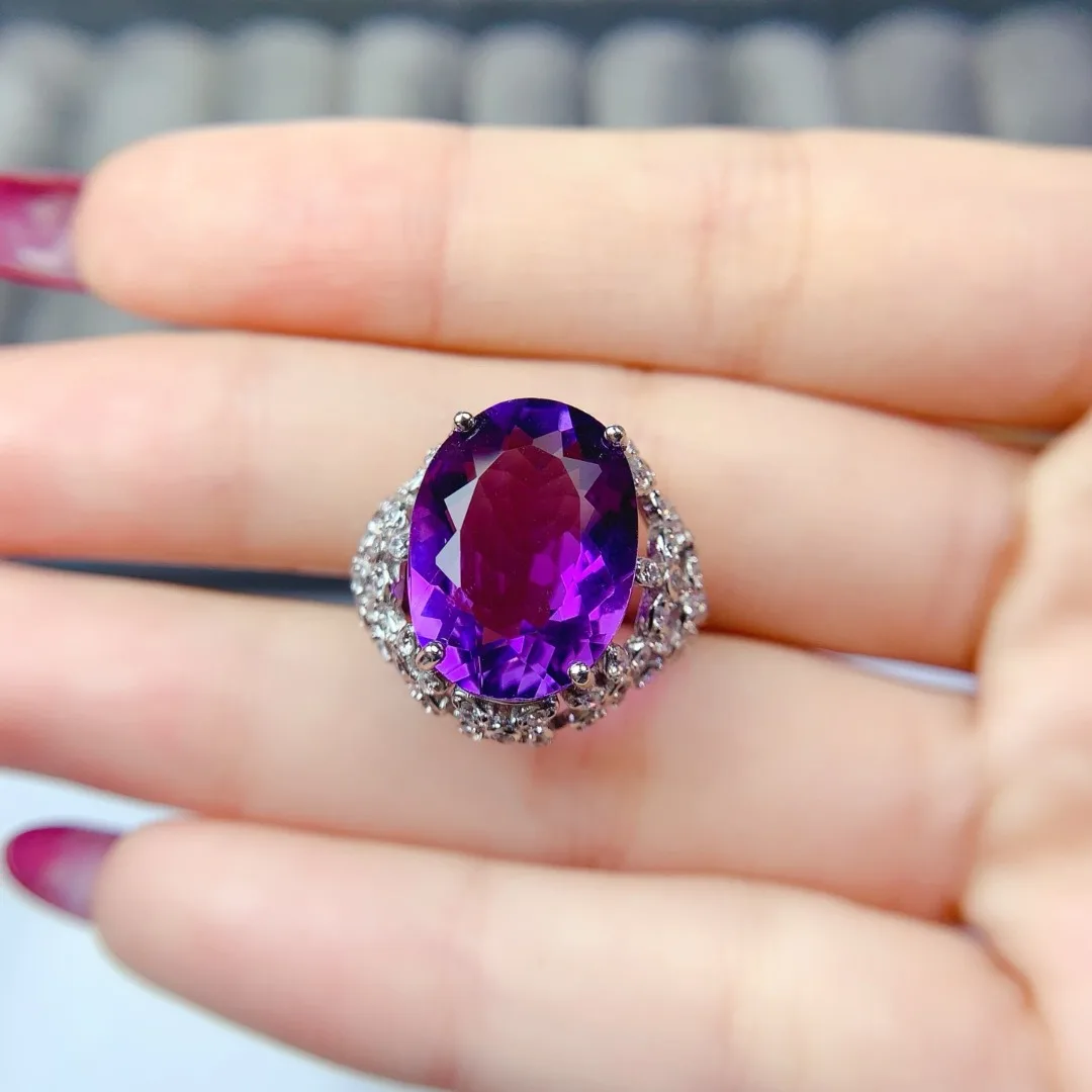 

Grand Sized Luxury Natural Amethyst Ring S925 Pure Silver Fashion Jewelry Vivid Precious Gem Elegant Daily Matching Jewelry