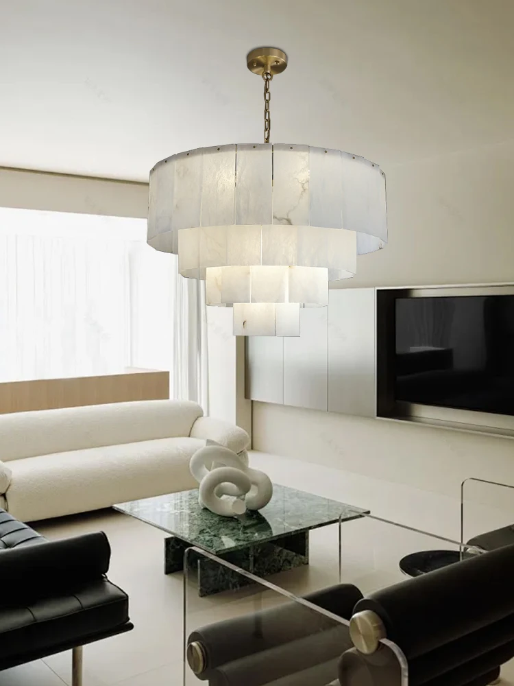 Modern Elegant White Marble Ceiling Chandelier Gold Natural Stone Lamp for Living Room Decoration Lustre Lampara