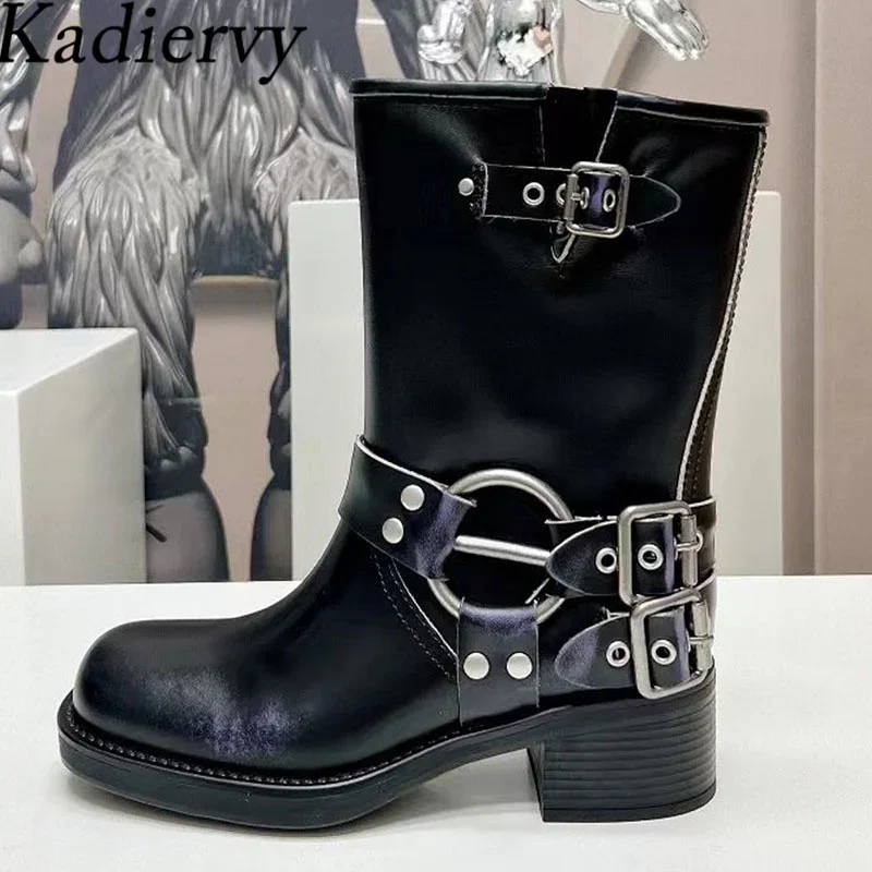 Genuine Leather Motorcycle Boots Women Round Toe Metal Buckle Belt Punk Shoes Women Square Heels Knight Short Boots Woman