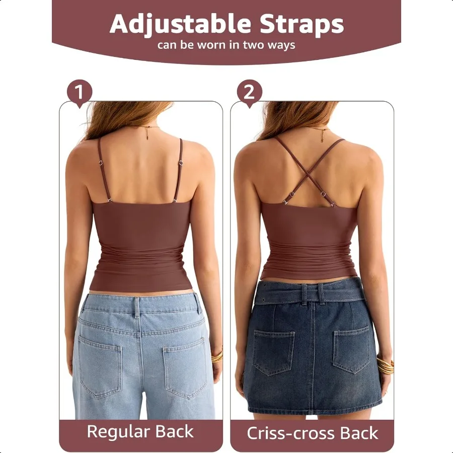 สตรี Double Lined Square คอเสื้อสปาเก็ตตี้ปรับได้ Camisole Y2K Going Out Cami เสื้อ