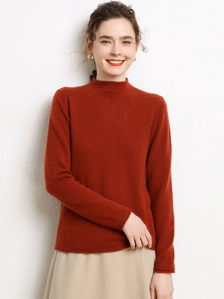 Autumn Winter Women's 100% Cashmere Sweater Mock Neck Slim Pullover Basic Thick Cashmere Knitwear Soft Warm Long Sleeve Clothing