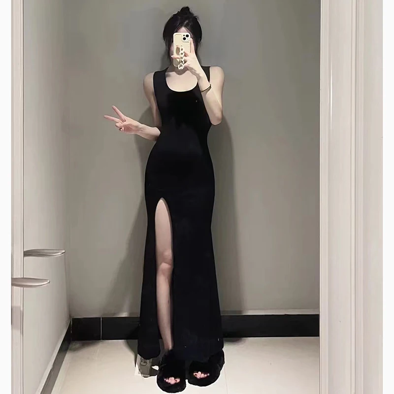 Y2K Women Black Long Dress Sexy Spaghetti Strap Female Dress Summer Koreans New Slit Slim All Match Chic Ladies Vestidos