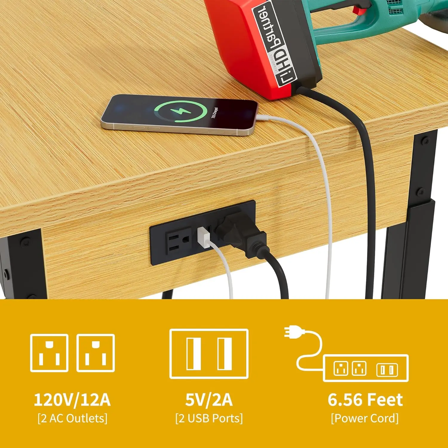 60" verstellbare Werkbank mit Stecktafel, robuste Werkbank mit Holzplatte und Rollen, 1600 Pfund Tragfähigkeit, rollende Arbeit