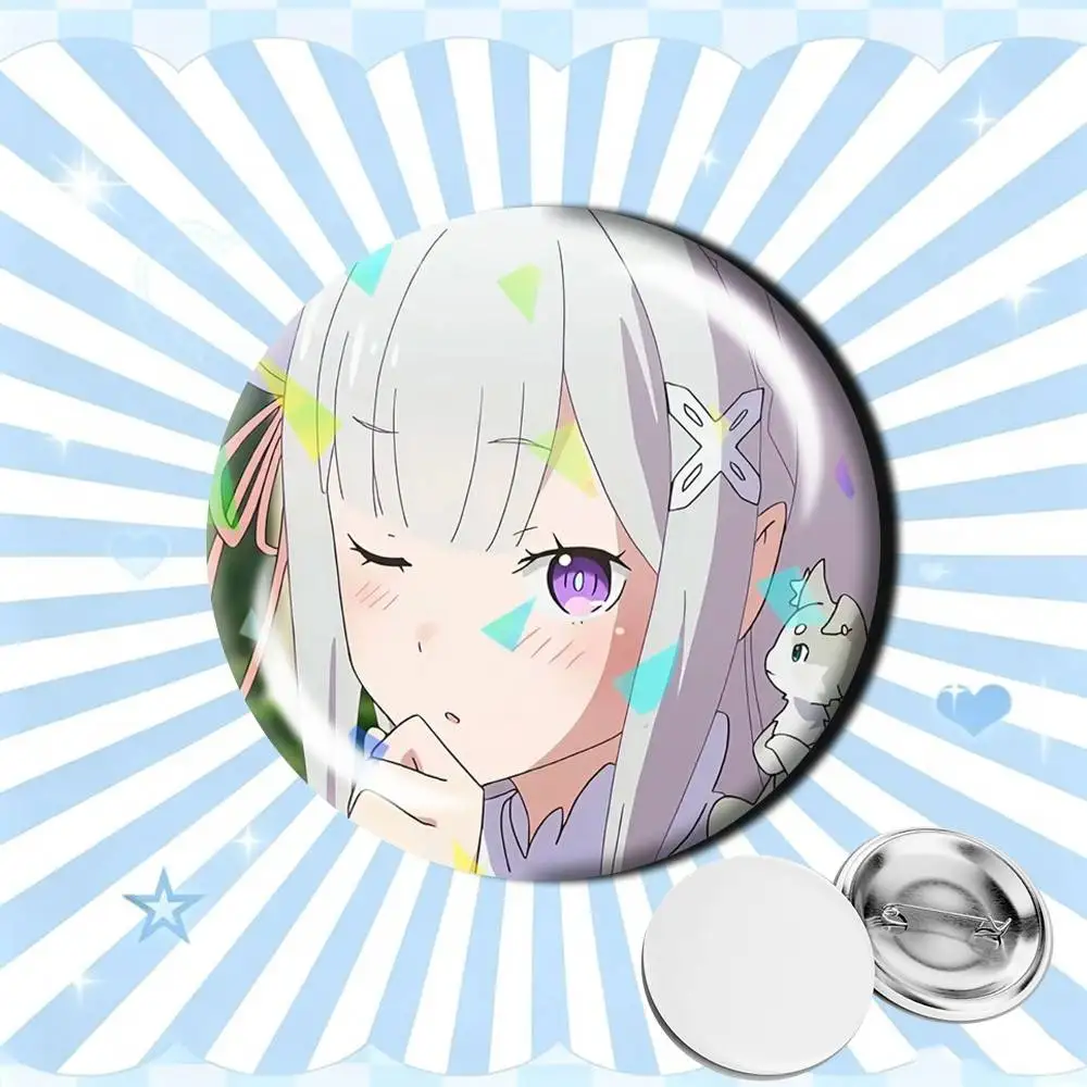Half-Elf Emilia and REM Aniem RE 25 32 44 58 75mm Badges Personalized Round Brooches Pins Accessory