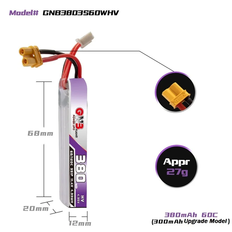 GAONENG GNB Max 120C 380mAh 3S 11.4V HV 60C Lipo Battery XT30U-F Plug For FullSpeed TinyLeader whoop RC FPV Drone parts
