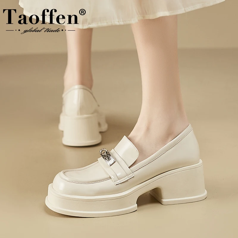 

Taoffen Platform Loafers Women Genuine Leather Round Toe Slip-On Casual Shoes Chunky Heel Comfortable Office Oxford 2023