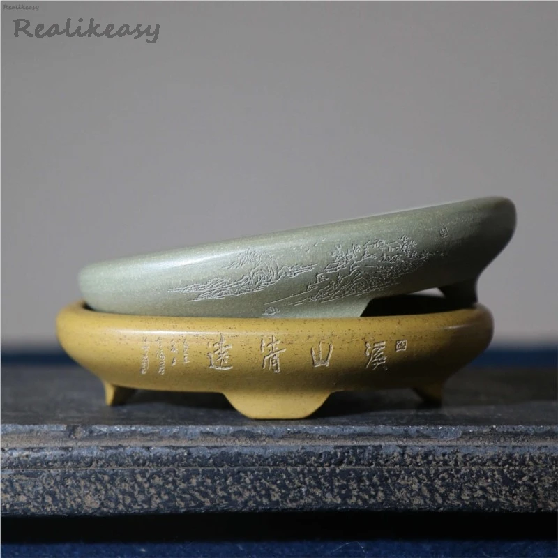 Yixing Purple Clay Oval Flower Pot Chinese Simple Handmade Bonsai Pot Home Desktop Decoration Engraved Antique Flower Pot LH840