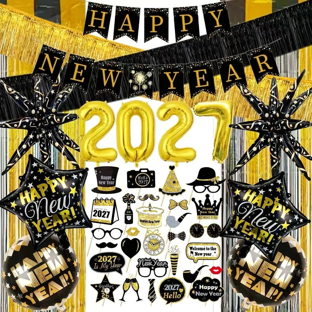 44Pcs Black Gold New Year Party Decorations, Happy New Year Banner, Tissue Paper Pom Poms, 16 Inch 2027 Gold Foil Balloons, Roun