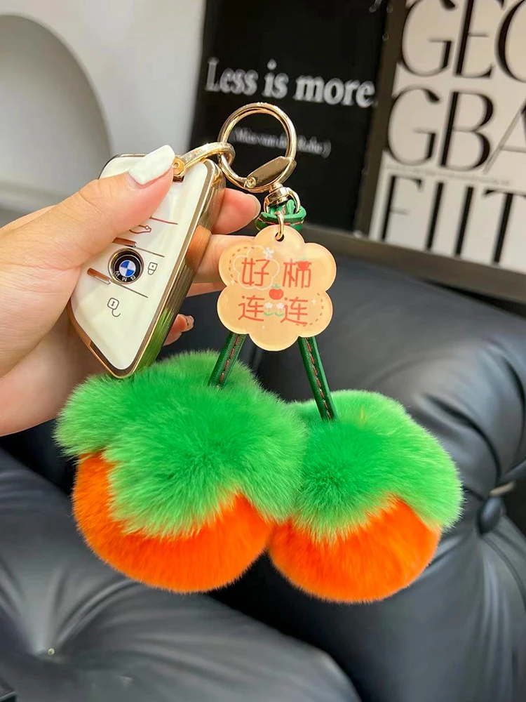 Cute Persimmon Real Rex Rabbit Fur Key Chains Plush Ball Women Bag Charm Ornaments Car Keyring Metal Pendant Trinkets Girls Gift