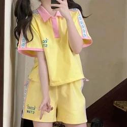 Sweet Yellow Short Sets Women Summer New Embroidery Spliced Polo-neck Shore Sleeve + High Waist Loose Sport Shorts