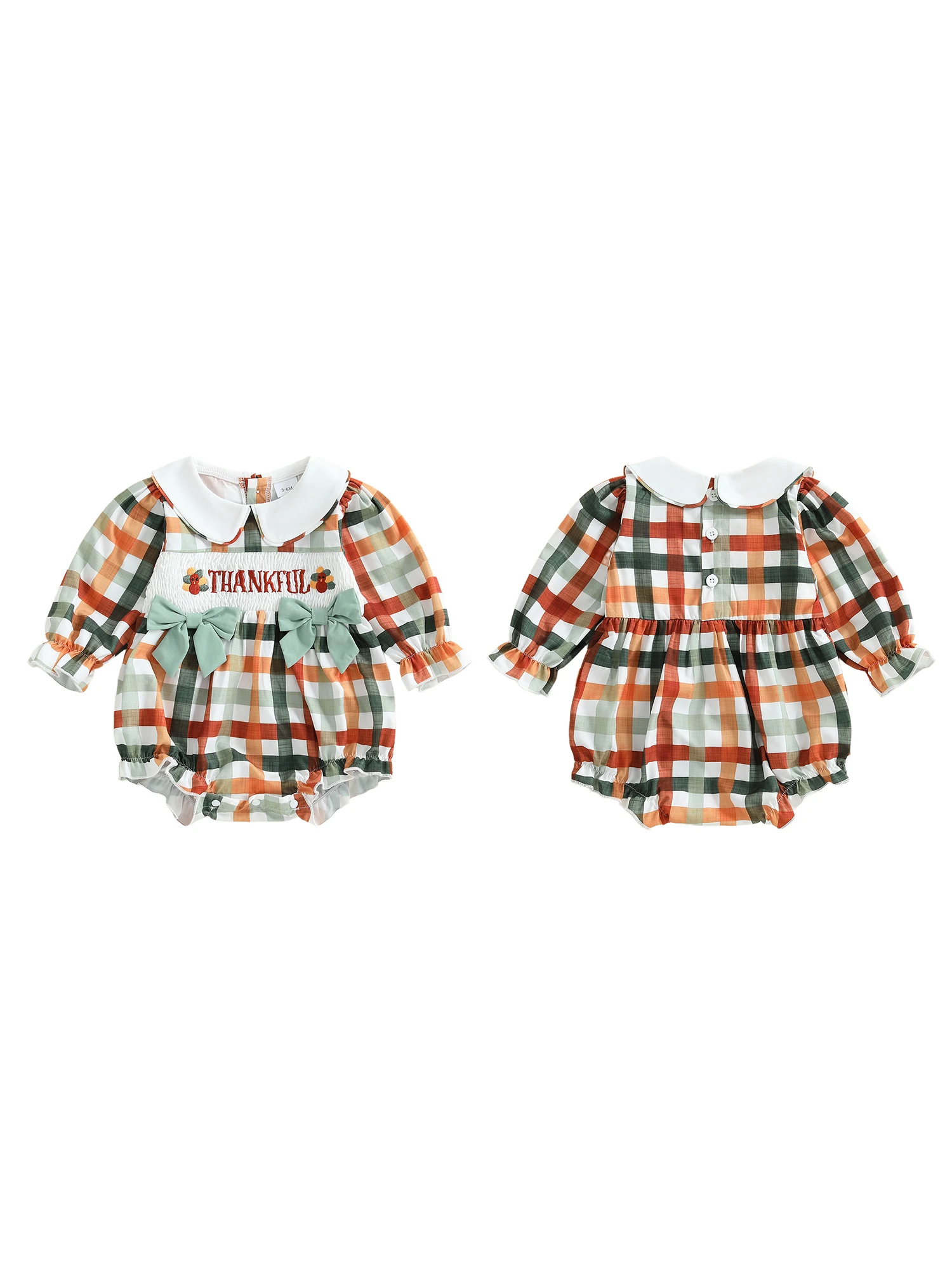 Baby Mädchen Strampler Langarm Puppenkragen Plaid Stickerei Buchstaben Türkei Body Thanksgiving Kleidung – Detail 1