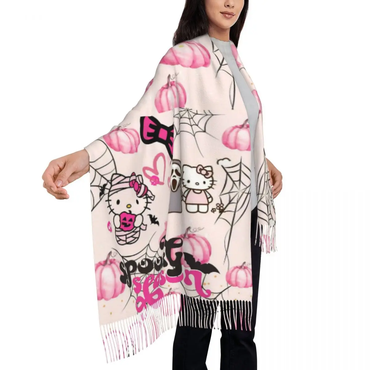 

Хэллоуин Hello Kitty тыква шаль накидка женский зимний большой мягкий шарф пашмина шарфы с кисточками