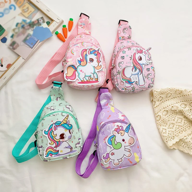 Chest Bags for Girls Lovely Cartoon Pattern Adjustable One Shoulder Bags Kids Adorable Versatile Nylon Zipper Bags Picnic Packs