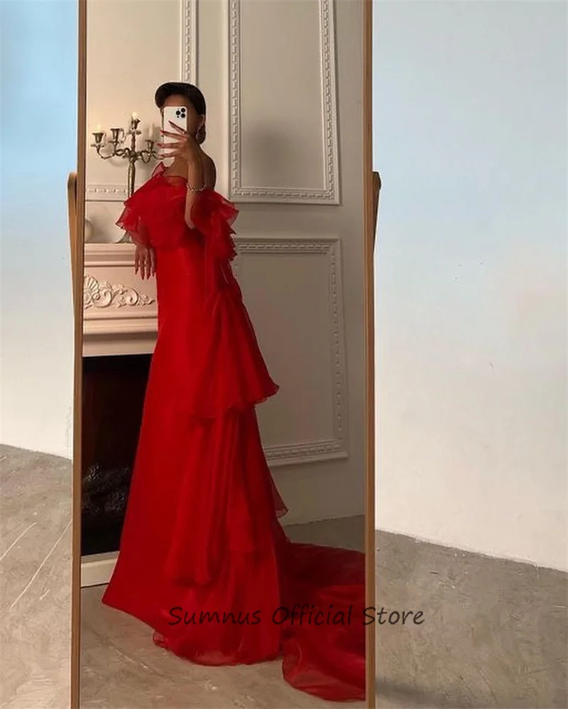 SUMNUS Red Mermaid Evening Dresses Ruffles One Shoulder Side Split Elegant Prom Party Dress With Sweep Train Gown  فساتين السهرة