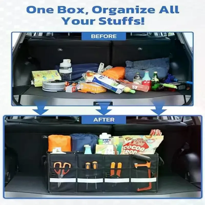 Collapsible Car Trunk Organizer with Secure Lid for SUV Truck Sedan Compact Foldable Storage Solution Keeps Items Organized and Secure During Travel