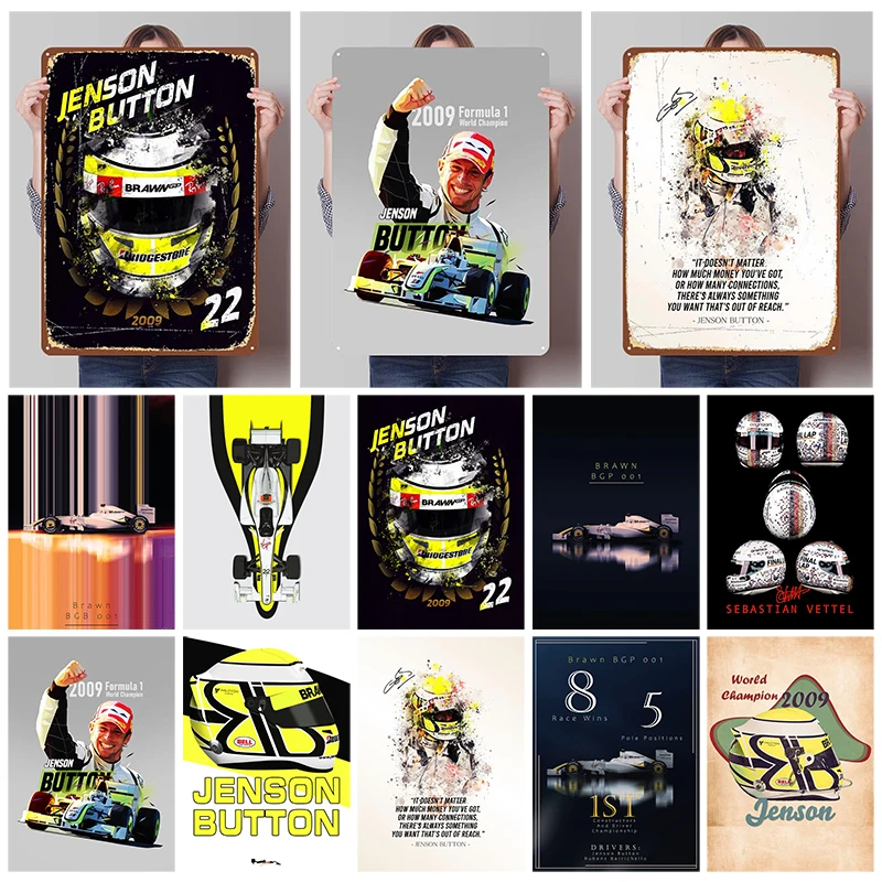 Jenson Button Racer Poster F1 Racing Metallschilder Schlafzimmer Dekoration Wohnzimmer Dekor Männer Vintage Home Decor Artikel Wandkunst