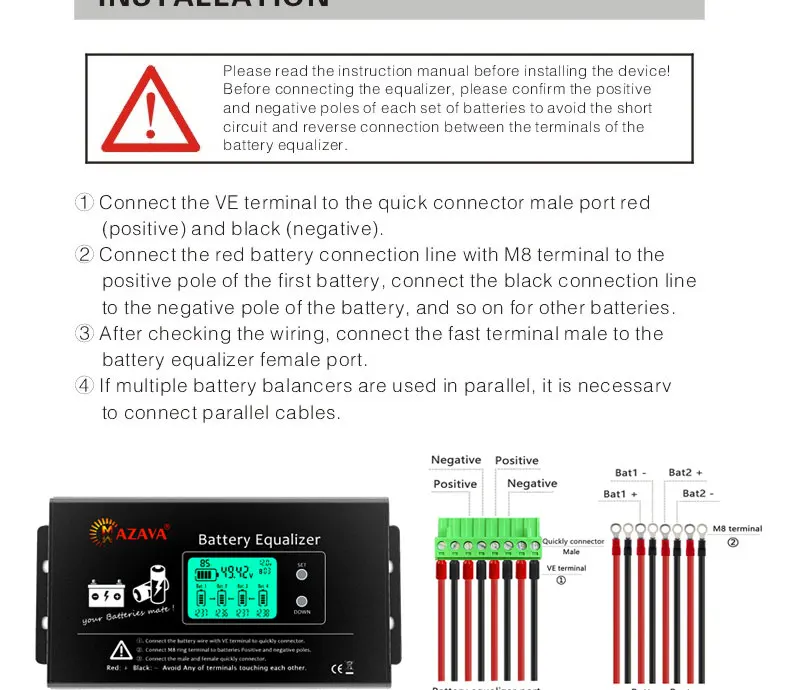 MAZAVA PLC-10 HX02 Battery Balancer 2S 4S 12V 24V 36V 48V 96A ctive LCD Lead Acid Li li-ion LiFePO4 Battery Equalizer Monitor