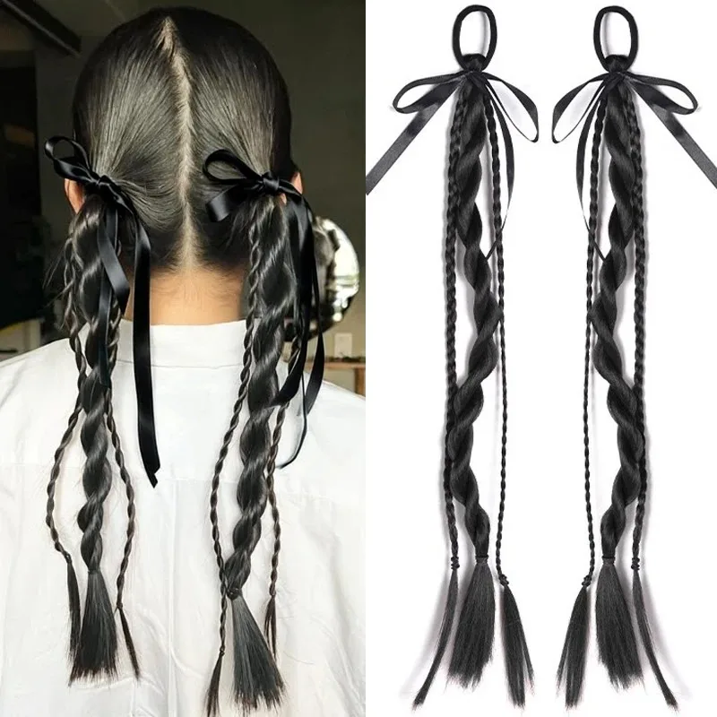 2Pcs Straight Synthetic Twisted Braided Hair Extensions with Ribbon Bow Elastic Rubber Band Hair Accessories for Women Daily Use