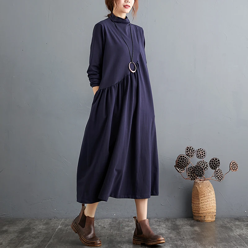 #3458 Spring Autumn Turtleneck Long T Shirt Dress Women Loose Asymmetrical A-line Dress Female Split Joint Pleated Vintage Midi