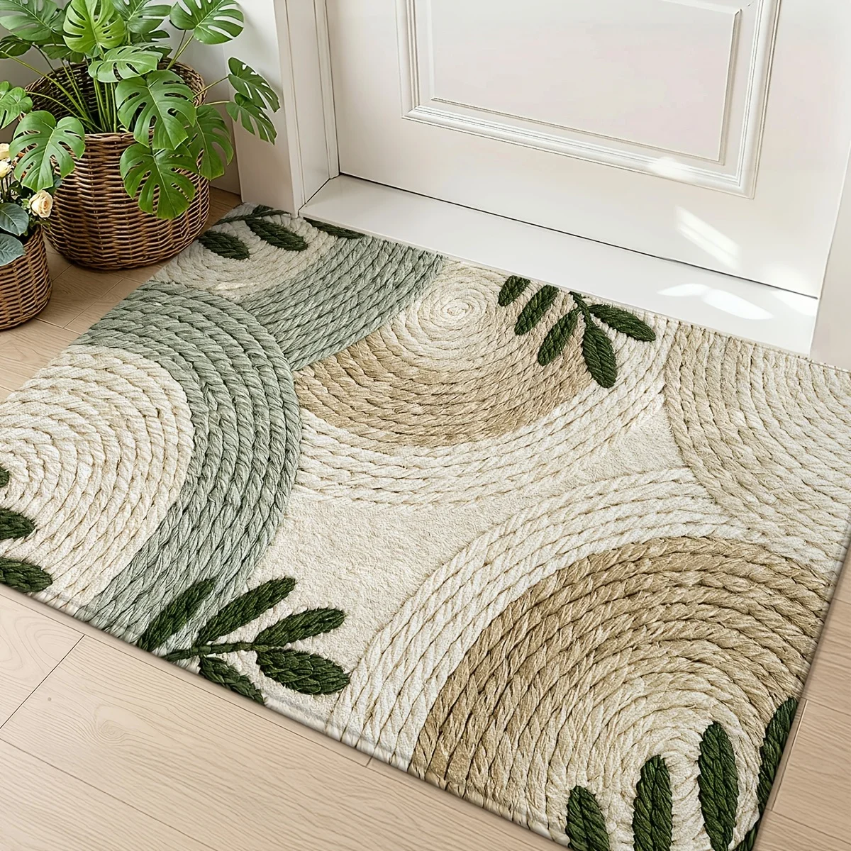 Boho Woven Texture Leaf Doormat Neutral Green Beige Abstract Circle Print Entrance Rug Indoor Porch Front Door Home Decor Mat
