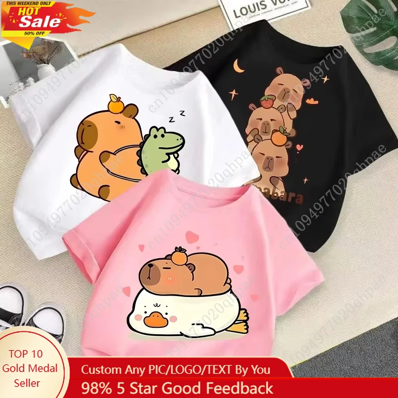 

2025 Summer New Kapibala Children's Clothing Girls' Short Sleeved Girls' Tshirt Pure Cotton Fashion Printed Children's Top Trend