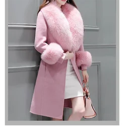 Women's Long Woolen Coat Korean Version New Winter Slim Fit Lace Up Big Wool Collar Woolen Coat Detachable Woolen Collar Furcoat