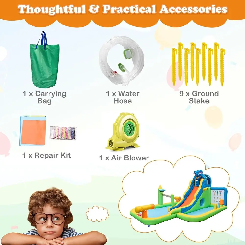 Iatable Water Slide, 9-in-1 Giant Waterslide Iatables Water Park w/Splash Pools, Tic Tac Toe & Climbing Wall, Outdoor Blow