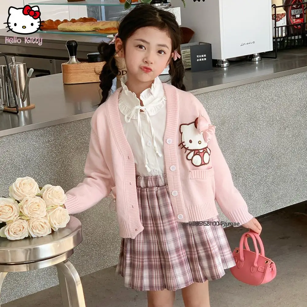 3 قطعة مرحبا كيتي Kuromi الفتيات Jk منقوشة تنورة مجموعة أنيمي سانريوس Y2K سترة مطوي تنورة الاطفال ربيع الخريف كلية نمط مجموعة