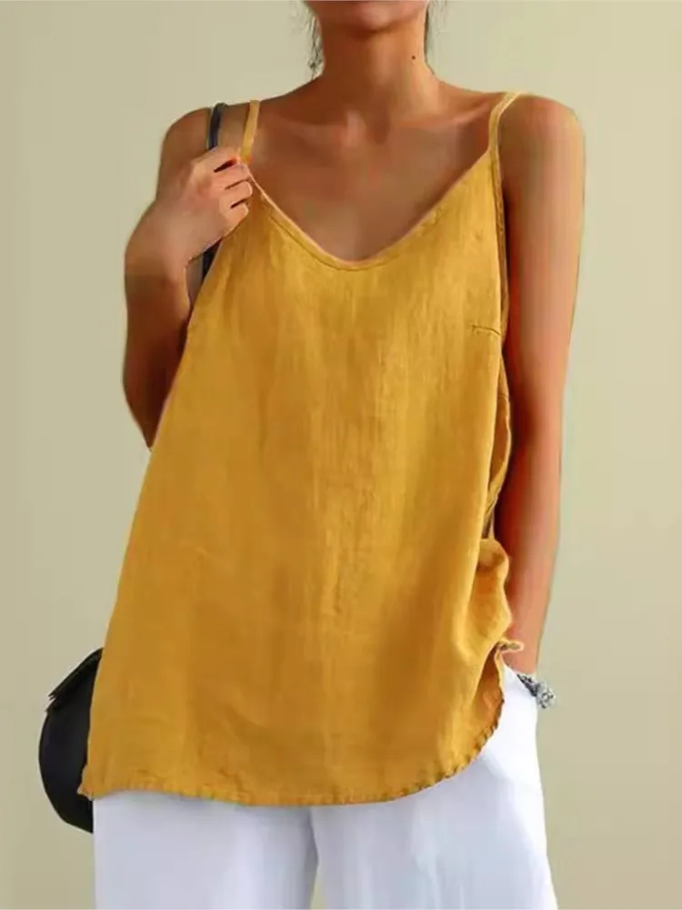 

European American Cotton Linen Camisole Vest Women's Summer New Style Loose Sleeveless Versatile Base Top, Womans Clothes