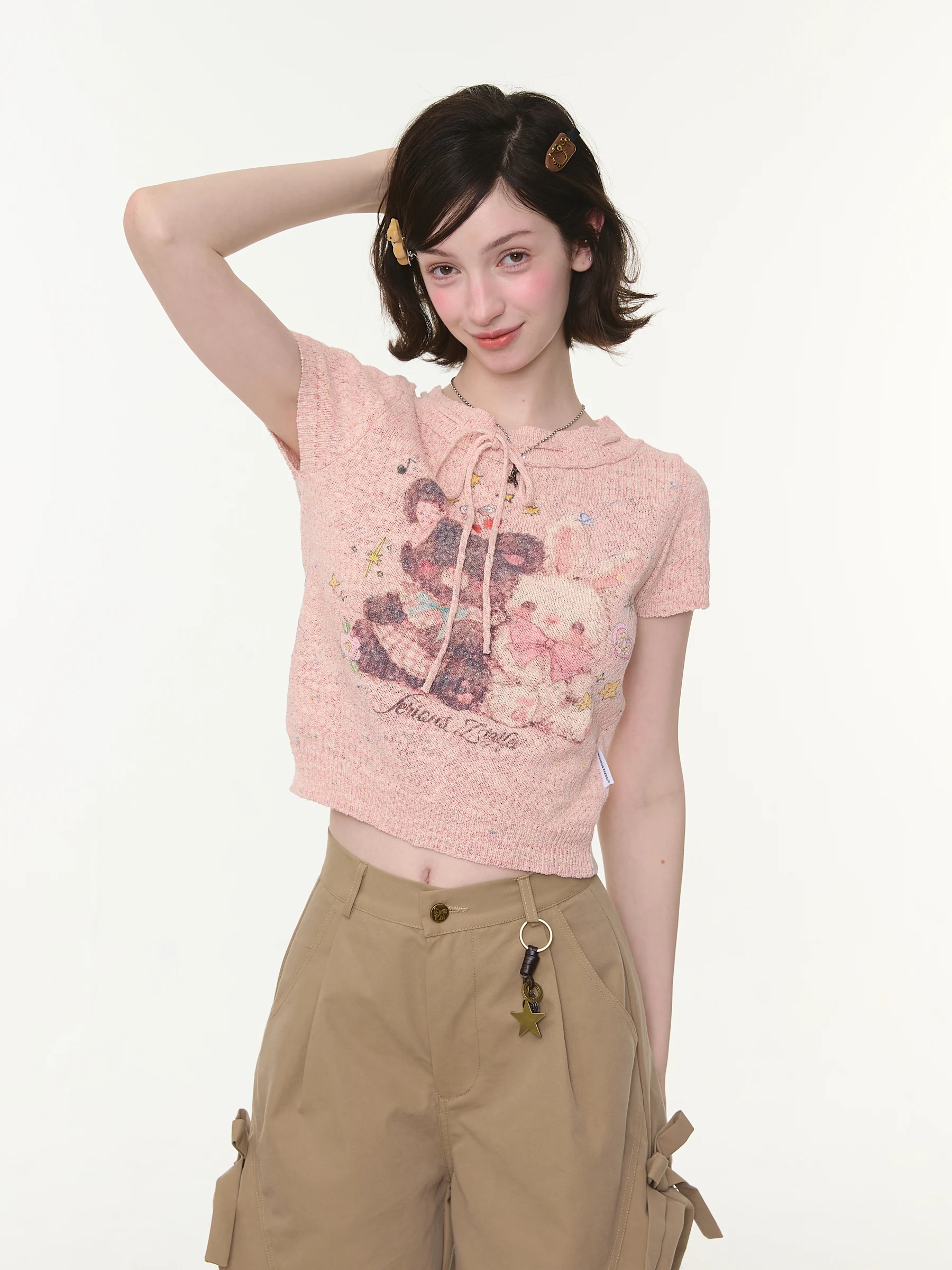 ZiziFei Vintage Style Bear Rabbit Print Top Women's round Neck Short Sleeve T-Shirt Cotton Blend Tie-Dye Summer Fashion