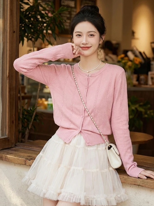 

Ele Pink Long Sve Knitted Cardigan Women's Faion Slimming round Ne Open Front Spring Summer New Sle Casual Wear