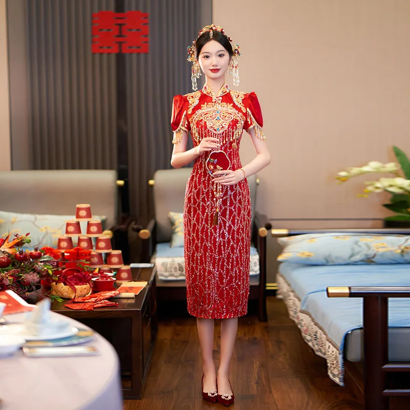 

Новинка 2024, платье невесты Xiuhe, Cheongsam, улучшенная китайская свадебная одежда для помолвки, элитная роскошная одежда для тостов