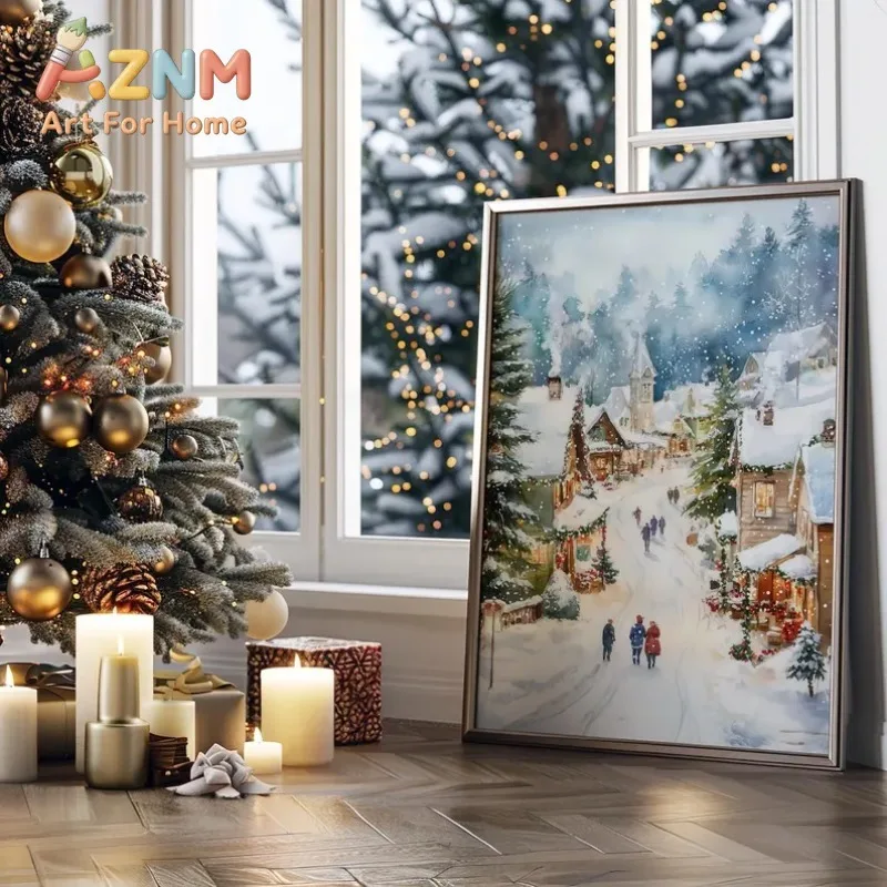 Vintage Winter Town Christmas Village Poster Christmas Snowy Landscape Prints Canvas Painting Wall Art Pictures Home Room Decor
