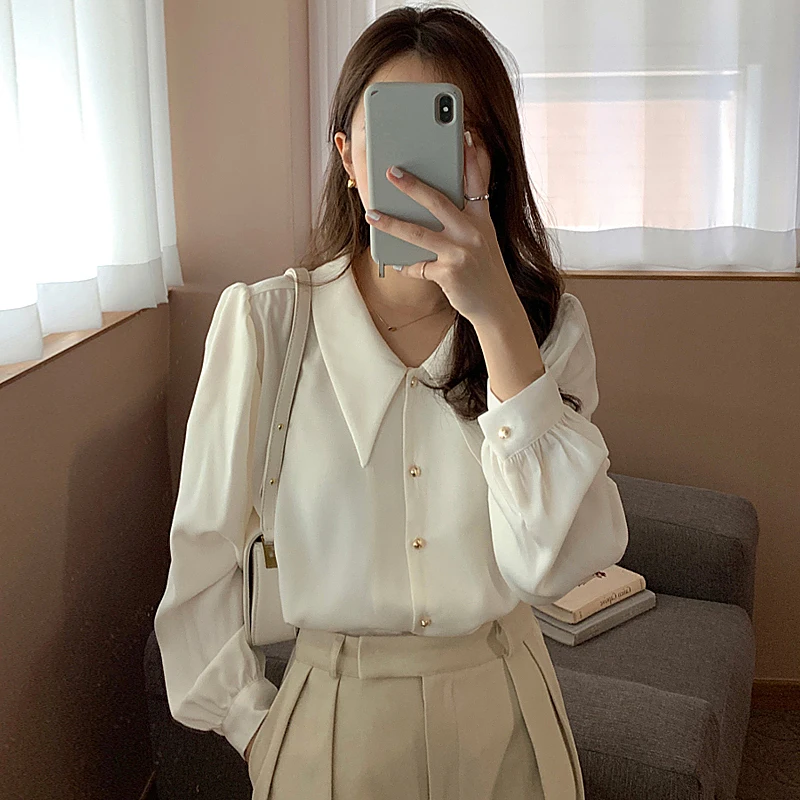 

Chic Spring Autumn White Loose Long Sve Single Button irt Women's Ele Inner Wear Casual Busin Sle