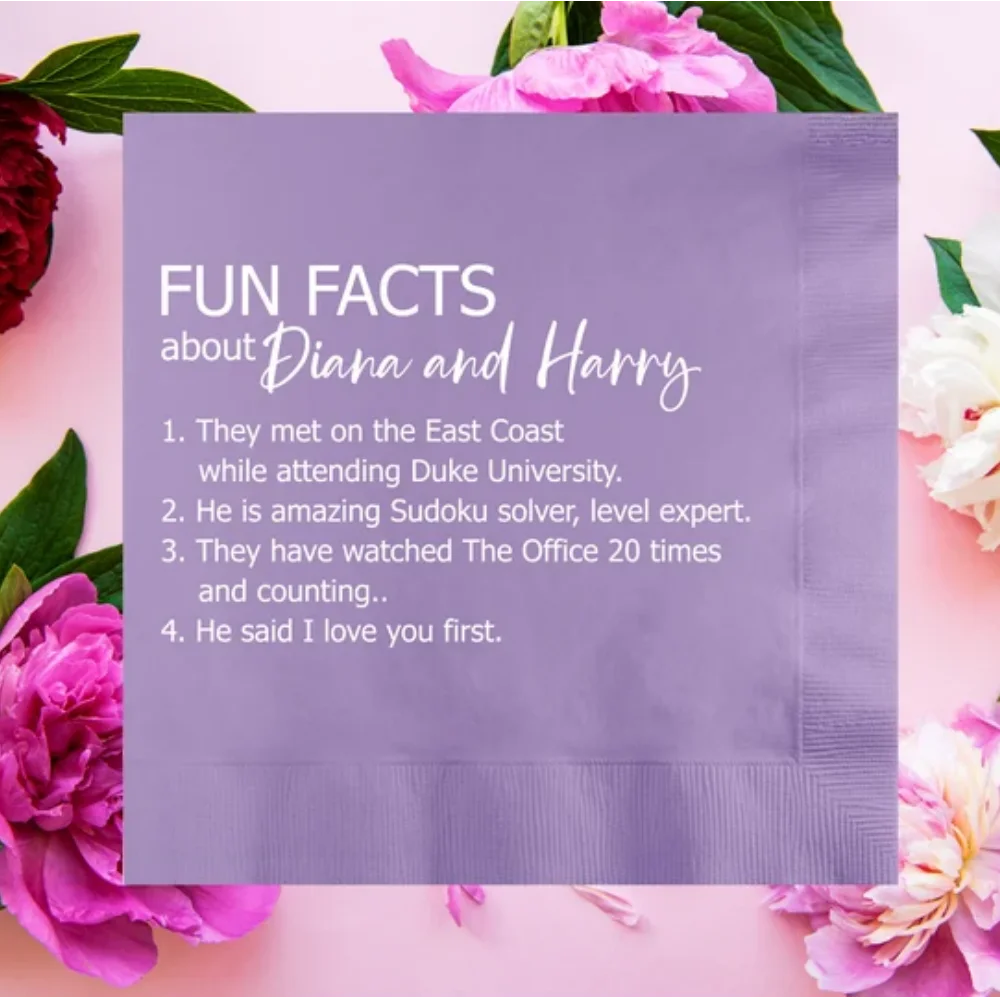 50Pcs Fun Facts Bride Groom Custom Napkins, Trivia Personalized Wedding Napkin, Vow Renewal, Anniversary, Rehearsal Dinner, Enga