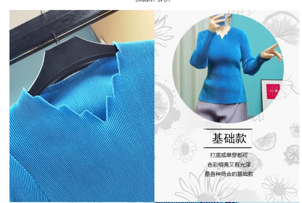 IN  STOCK New style long sleeve wavy V-neck pleated Miyake pullover T-shirt  HOT SELLING