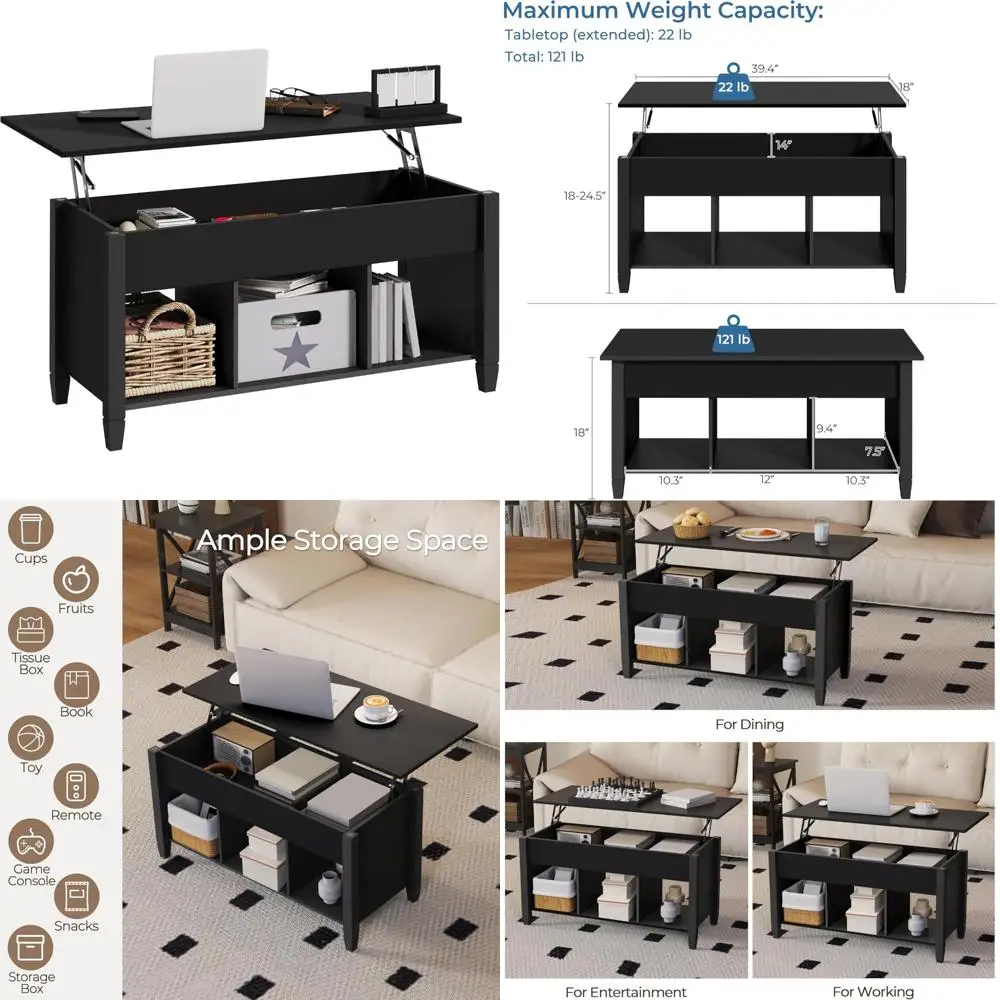 طاولة قهوة قابلة للرفع مع مساحة تخزين مخفية و3 أرفف مفتوحة، وآلية رفع مركزية، وأثاث غرفة المعيشة الحديثة