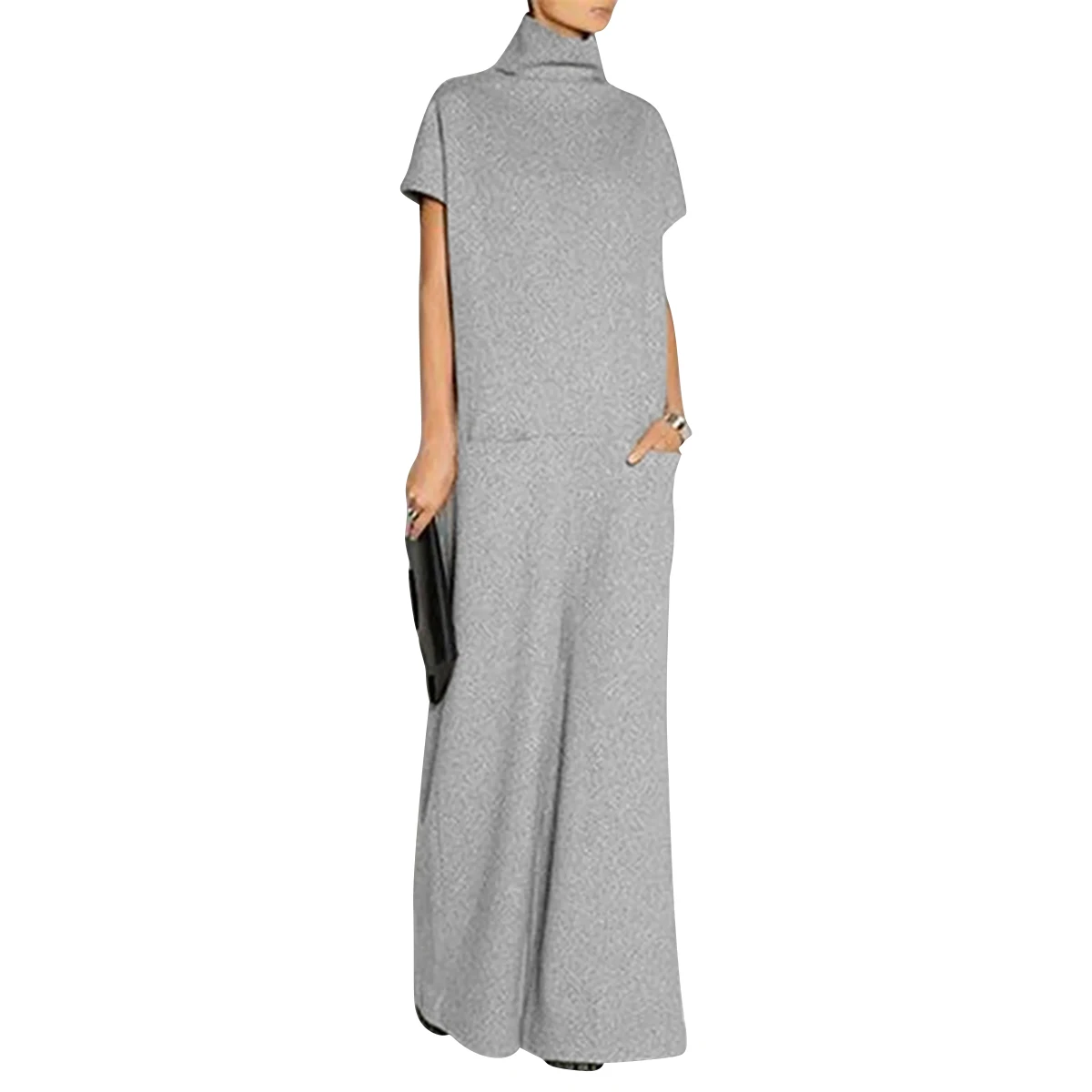 UOOZEE Women\'s Solid Color High Neck Pockets Elegant Maxi Dresses 2026 New Summer Short Sleeves Loose Urban Casual Long Dress