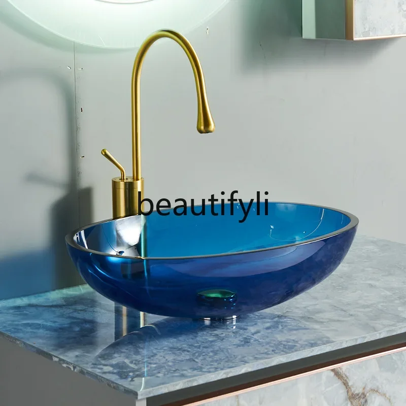 

Glass counter basin balcony, art washbasin household bathroom glass sink countertop basinAsmt5203