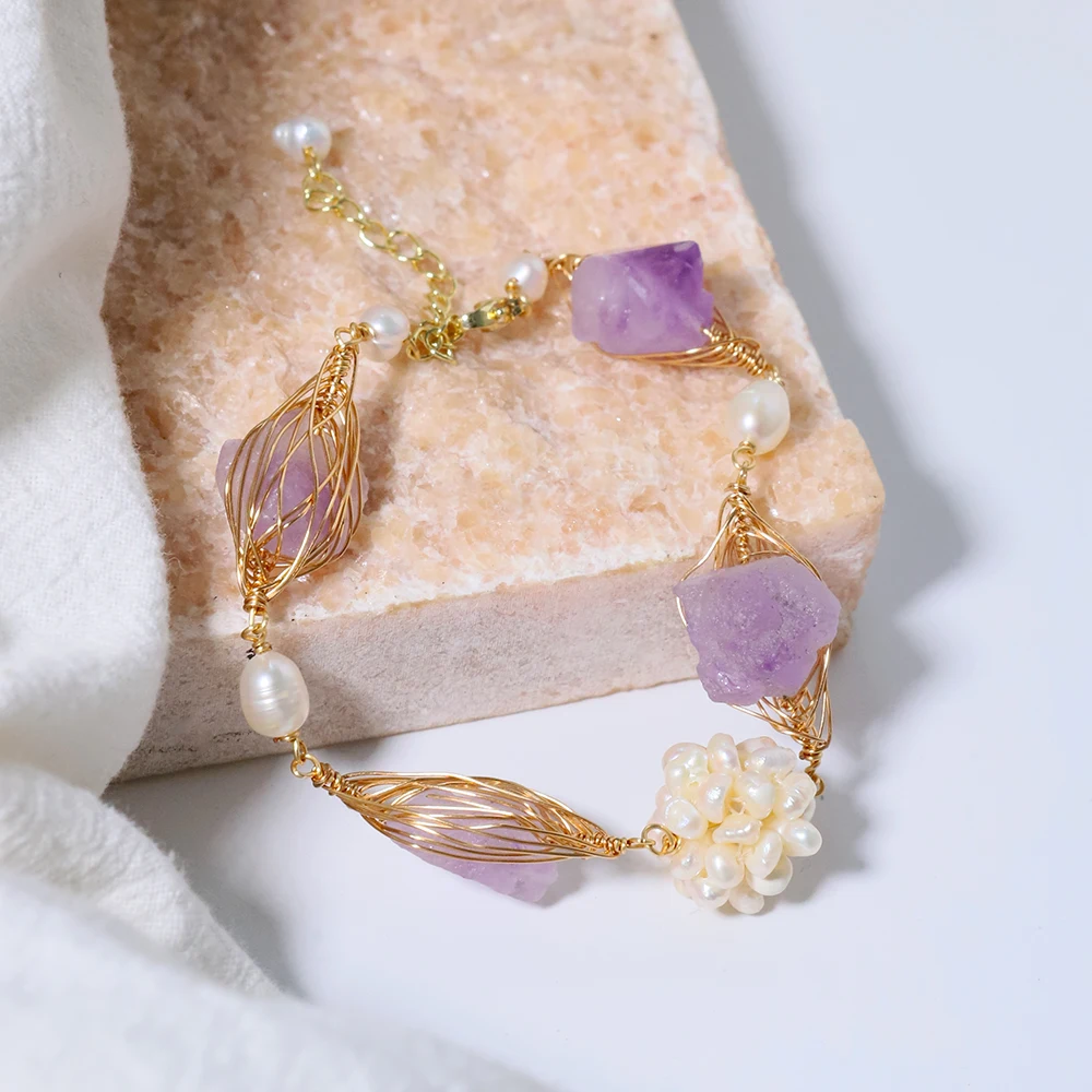 Natural Freshwater Pearl Flower Ball Amethyst Bracelet Korean Style Women Luxury Jewelry Fashion Ladies and Girls Gift GB1168