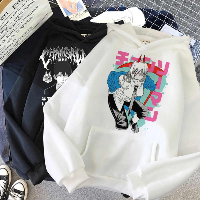 Harajuku Anime Chainsaw Man Power Cute Graphic Print Hooded Men Women Hoodies Plus Size Sweatshirt Winter Warm Unisex Pullover