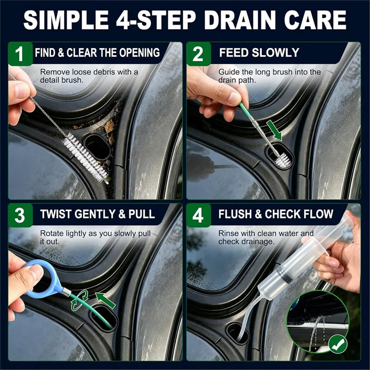 Auto Sunroof Drain Cleaning Tool Kit, 118-Inch Brush, 5-Piece for Moonroof Drains, Cars, Trucks, RVs