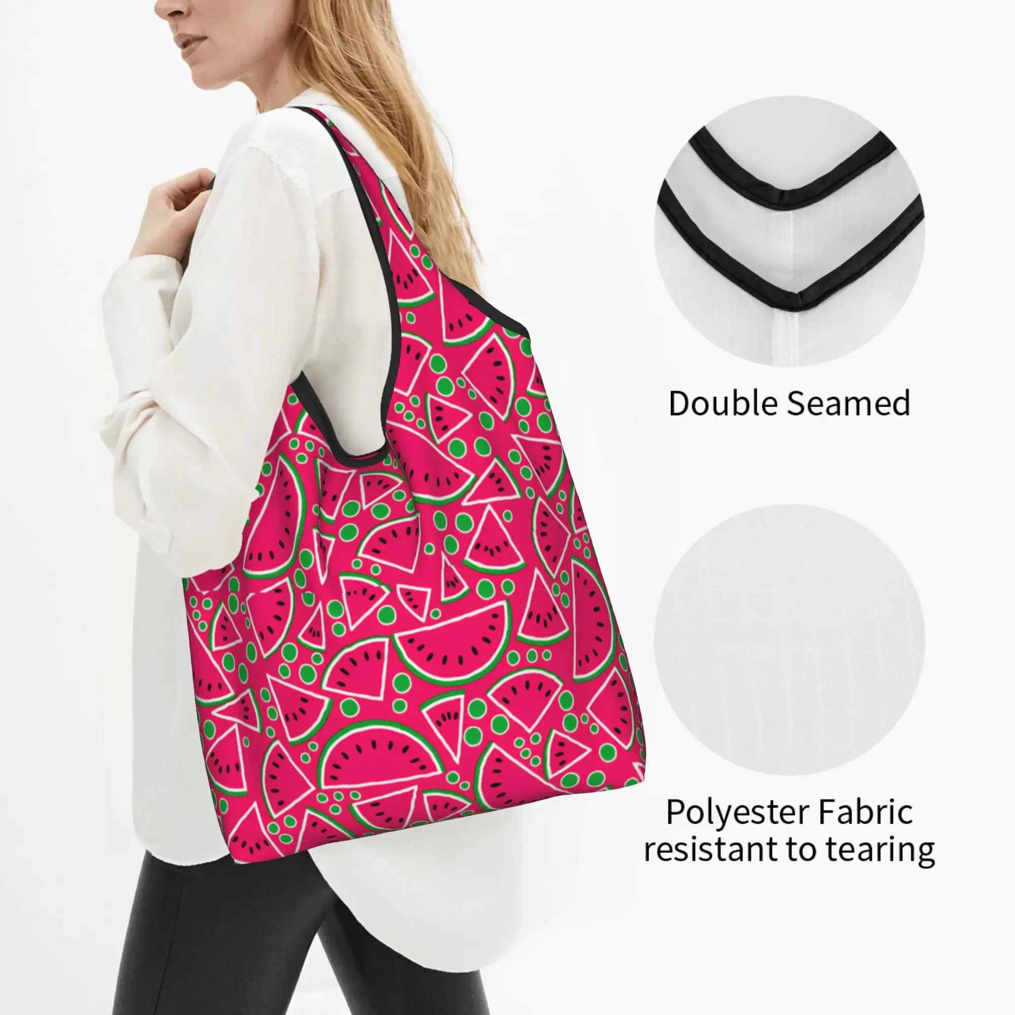Recycling Flat Design  Watermelon   Shopping Bag Women Tote Bag Portable Tropical Fruit  Grocery Shopper Bags