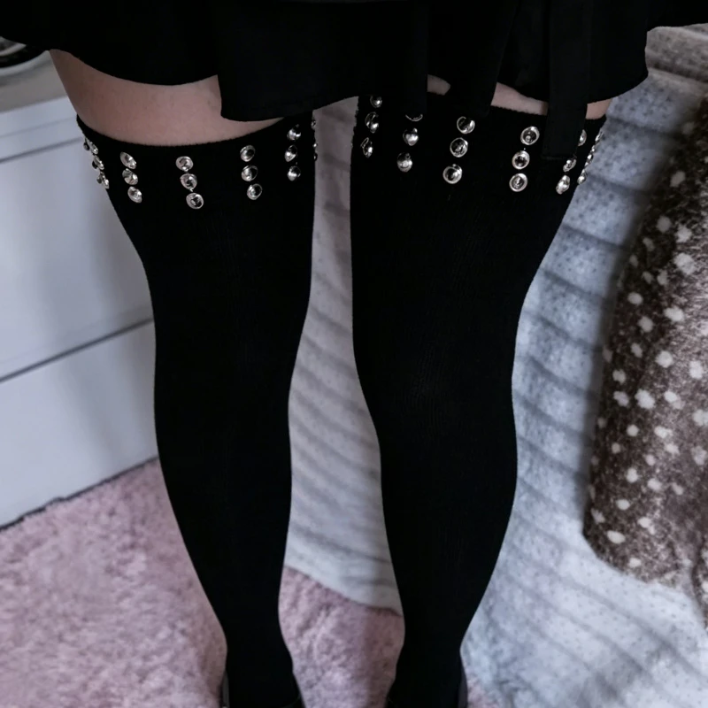 2026 Punk Elastic Black Over The Knee Socks High Spike Rivet Decoration Border Subculture Y2K Streetwear Long Tube Socks