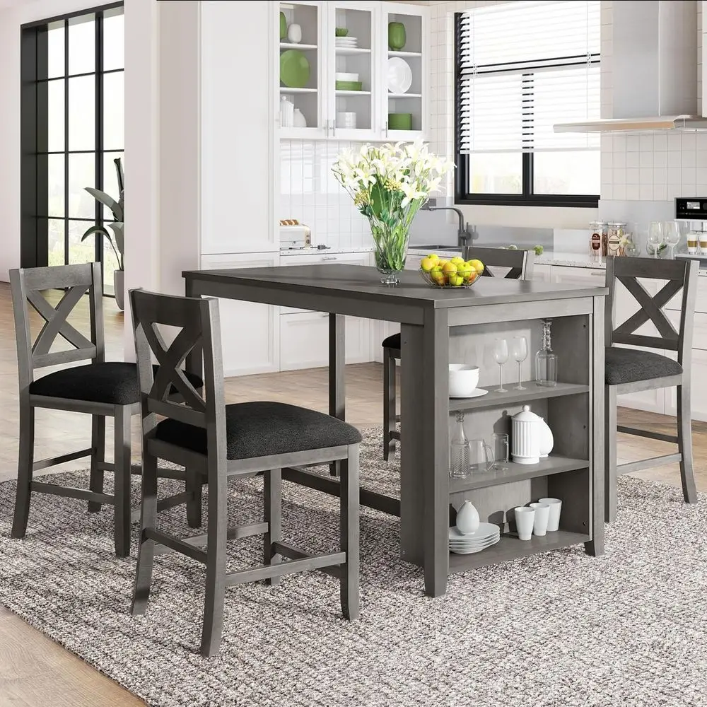

5-Piece Rustic Counter-Height Wooden Bar Table Set with 3-Tier Shelf and 4 Chairs, Gray Dining