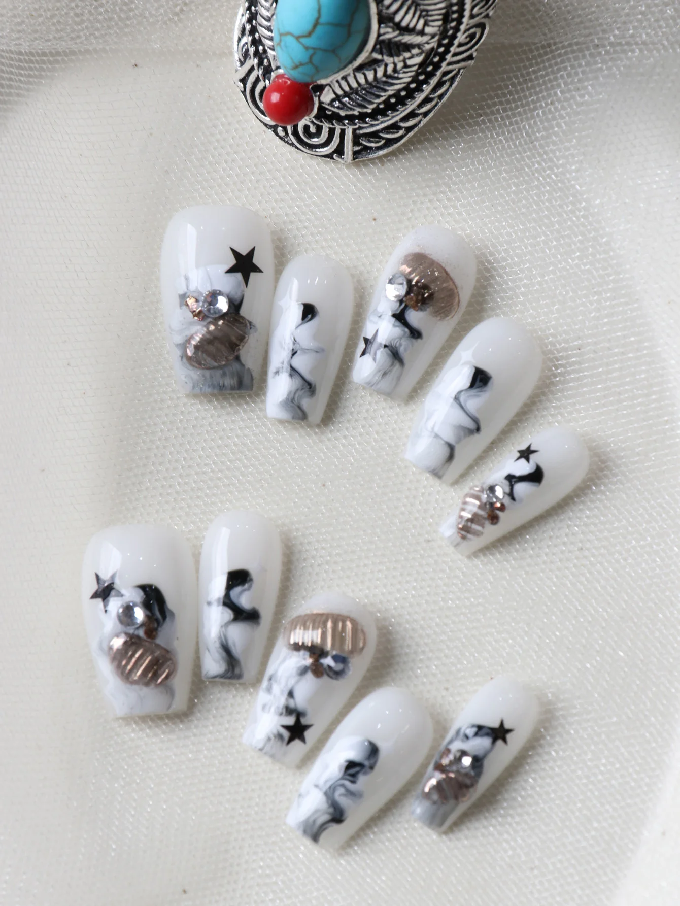 10Pcs Acrylic Press on White Nails Black Jellyfish Fake Nails Includes 1 Sheet of Adhesive Tabs & 1 Pc Mini File